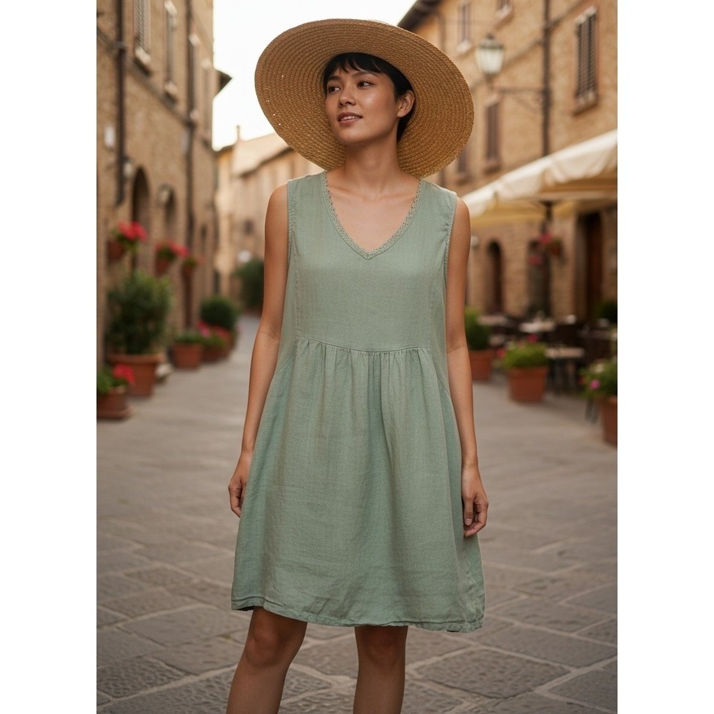 Terzo Millennio Made in Italy Sage Green Linen Blend Shift Dress Boho Large FLAW